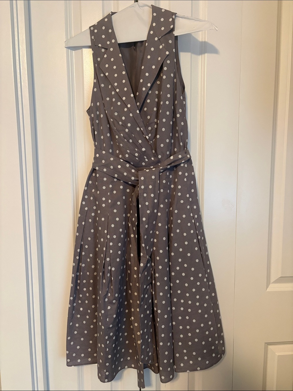 Sleeveless Polka Dot Wrap Midi Dress in Gray with White Dots